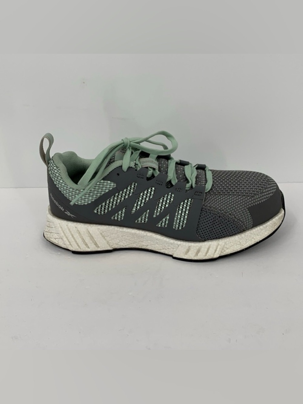 Reebok Fusion Flexweave work sneakers shoe tie green gray composite toe 7 WIDE